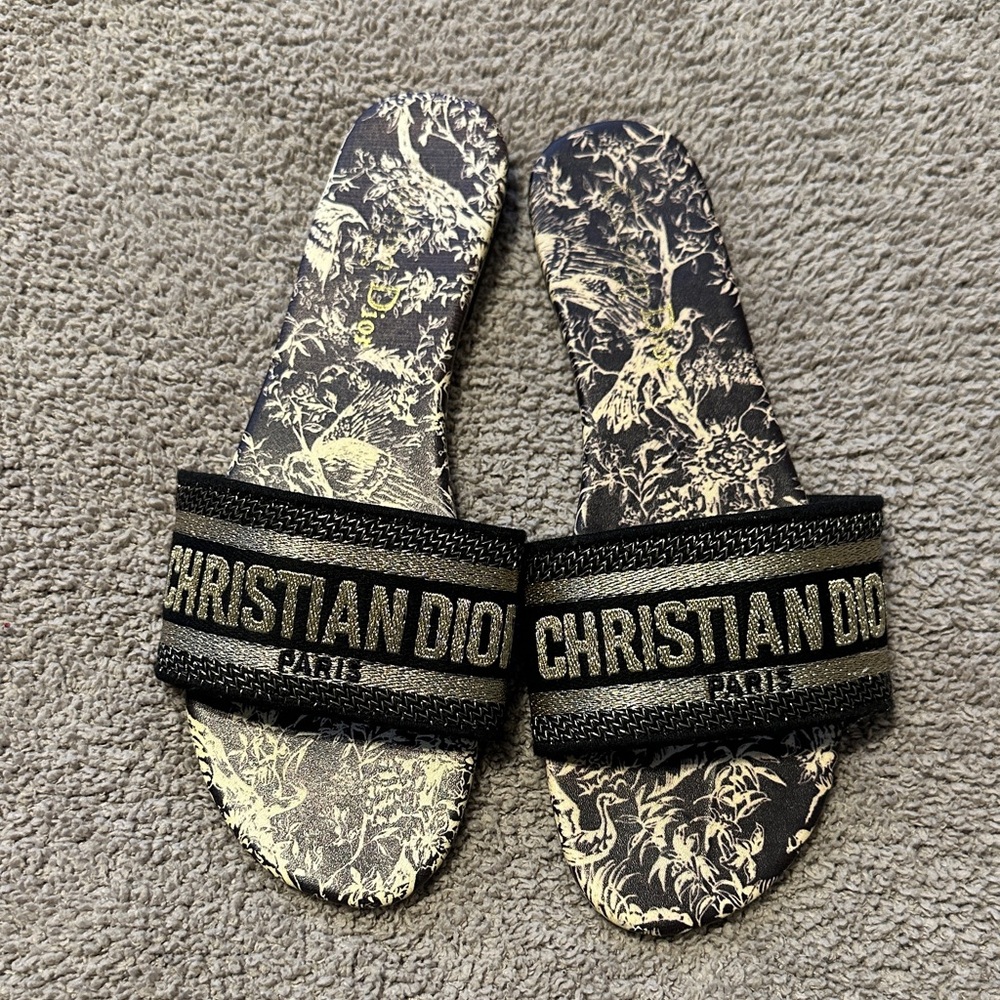 Christian Dior Black and Gold Slides